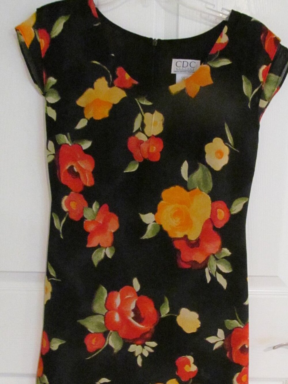 VINTAGE BLACK WITH ORANGE YELLOW FLOWERS DRESS SZ 8 BY CDC